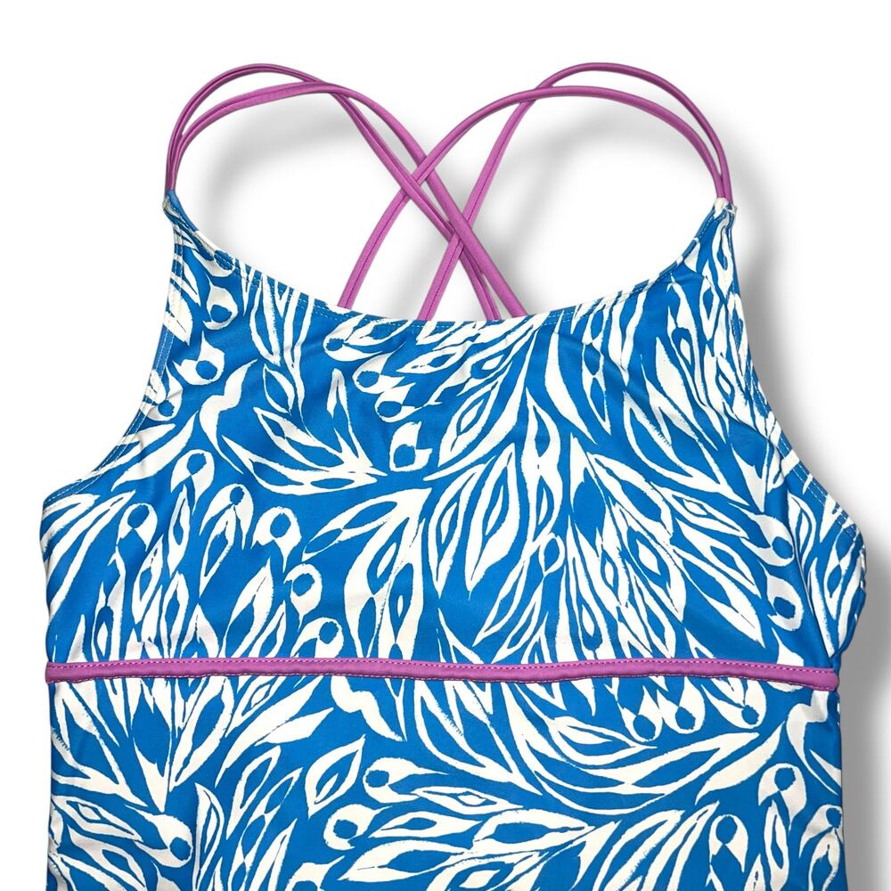 Spyder Girls Swimsuit One Piece Strappy Feather Print Blue White Purple XL 16 - Picture 2 of 9